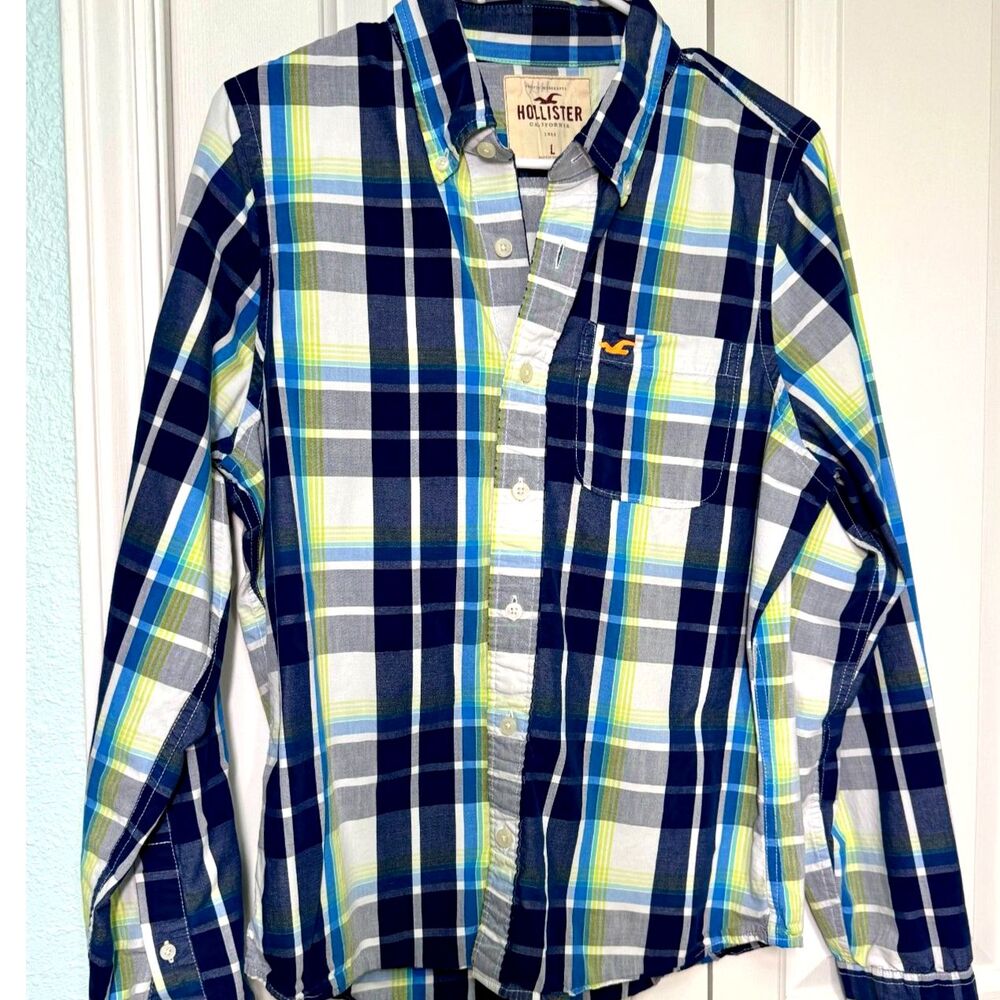 Hollister Youth Boys Size Large Blue / Green Plaid Long Sleeve Shirt Size L